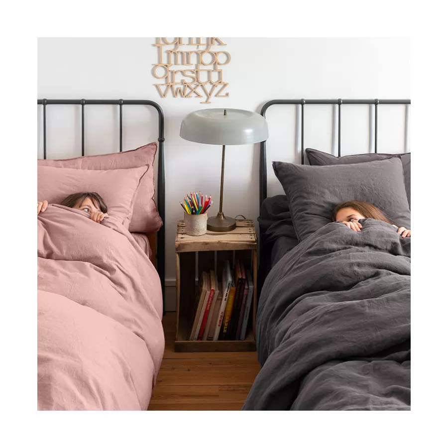 Carré Blanc Housses De Couette | Housse de couette enfant lin et coton lavé Songe rose cendré