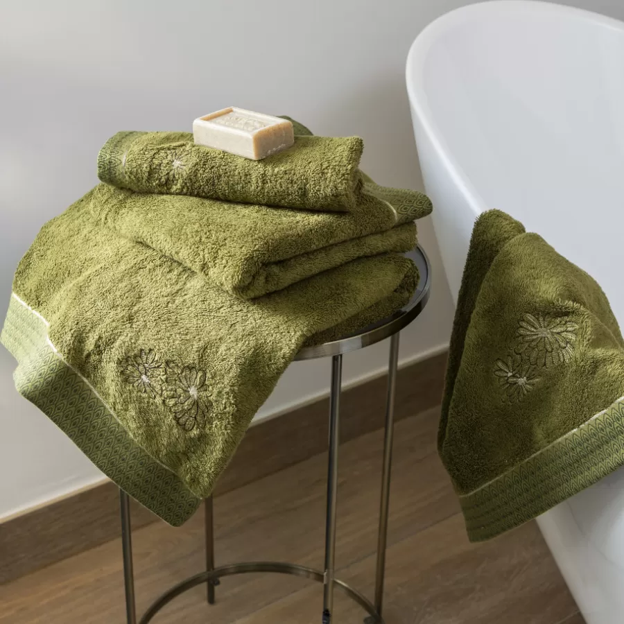 Carré Blanc Serviettes De Toilette | Serviette de toilette coton et viscose de bambou Silvalys vert mousse