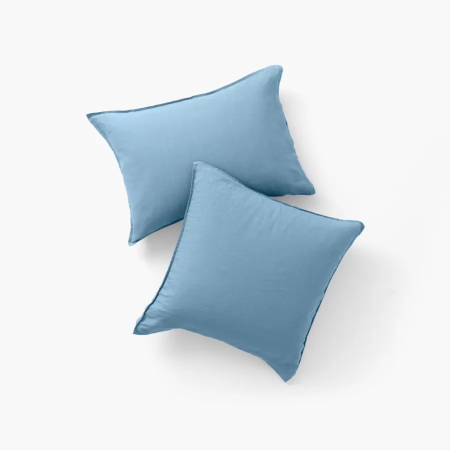 Carré Blanc Taies D’oreiller | Taie d'oreiller carrée lin et coton lavé Songe bleu baltique