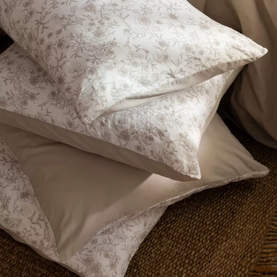 Carré Blanc Taies D’oreiller | Taie d'oreiller carrée lin et coton lavé Songe grège floral
