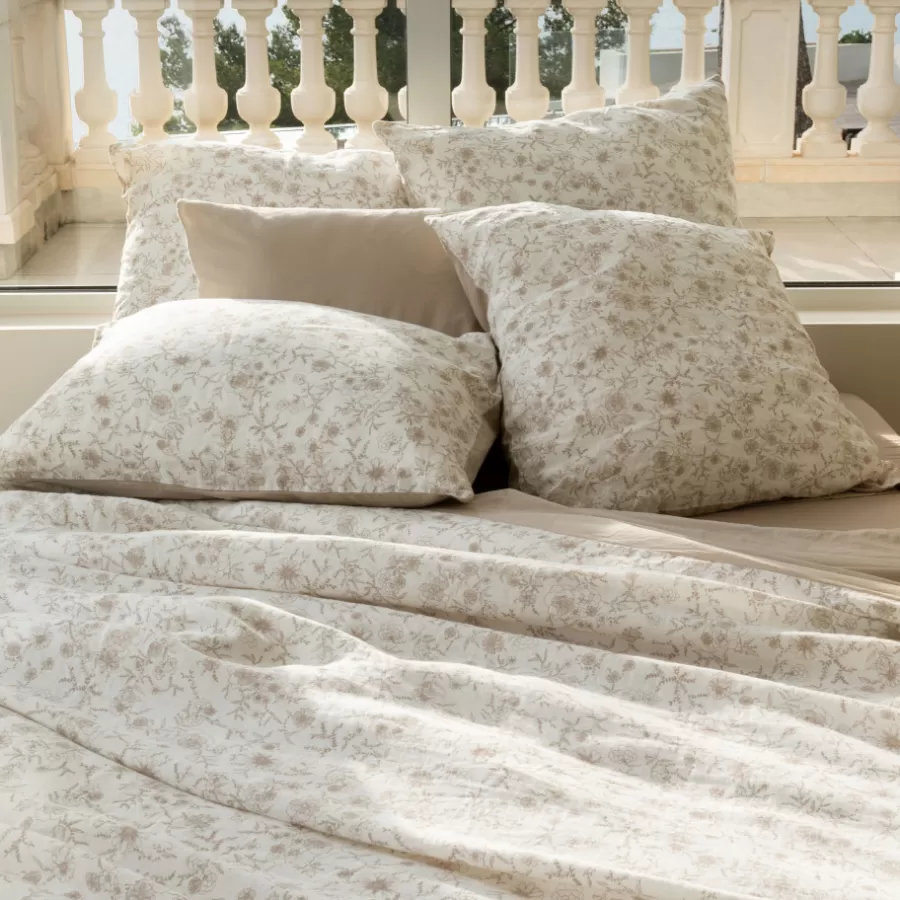 Carré Blanc Taies D’oreiller | Taie d'oreiller carrée lin et coton lavé Songe grège floral