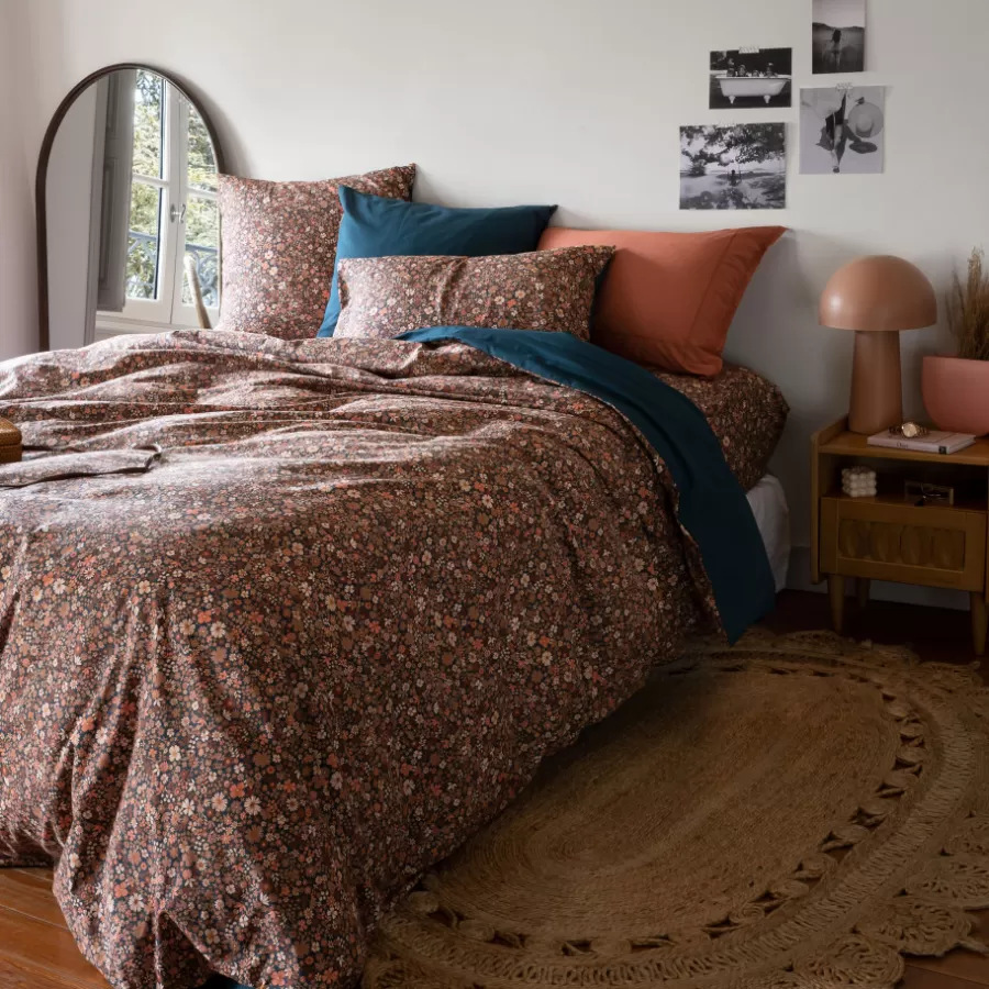 Carré Blanc Taies D’oreiller | Taie d'oreiller carrée percale de coton Neo bleu prusse floral