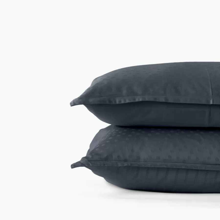 Carré Blanc Taies D’oreiller | Taie d'oreiller carrée satin de coton jacquard pois et rayures Prestige bleu nuit
