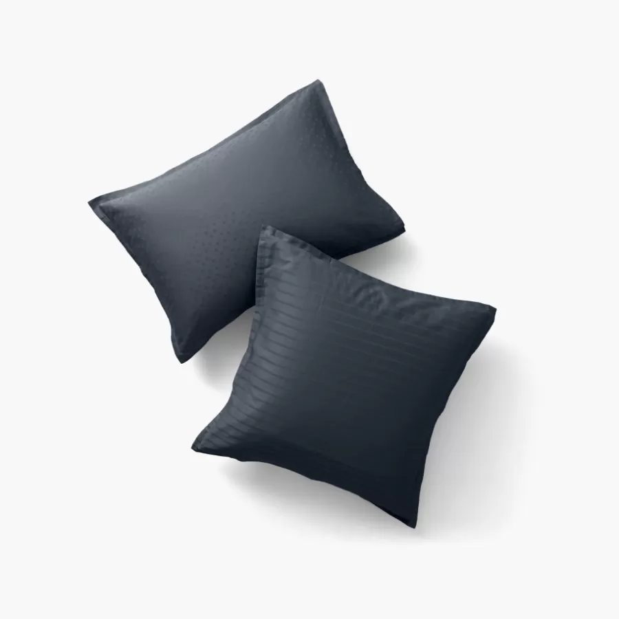 Carré Blanc Taies D’oreiller | Taie d'oreiller carrée satin de coton jacquard pois et rayures Prestige bleu nuit
