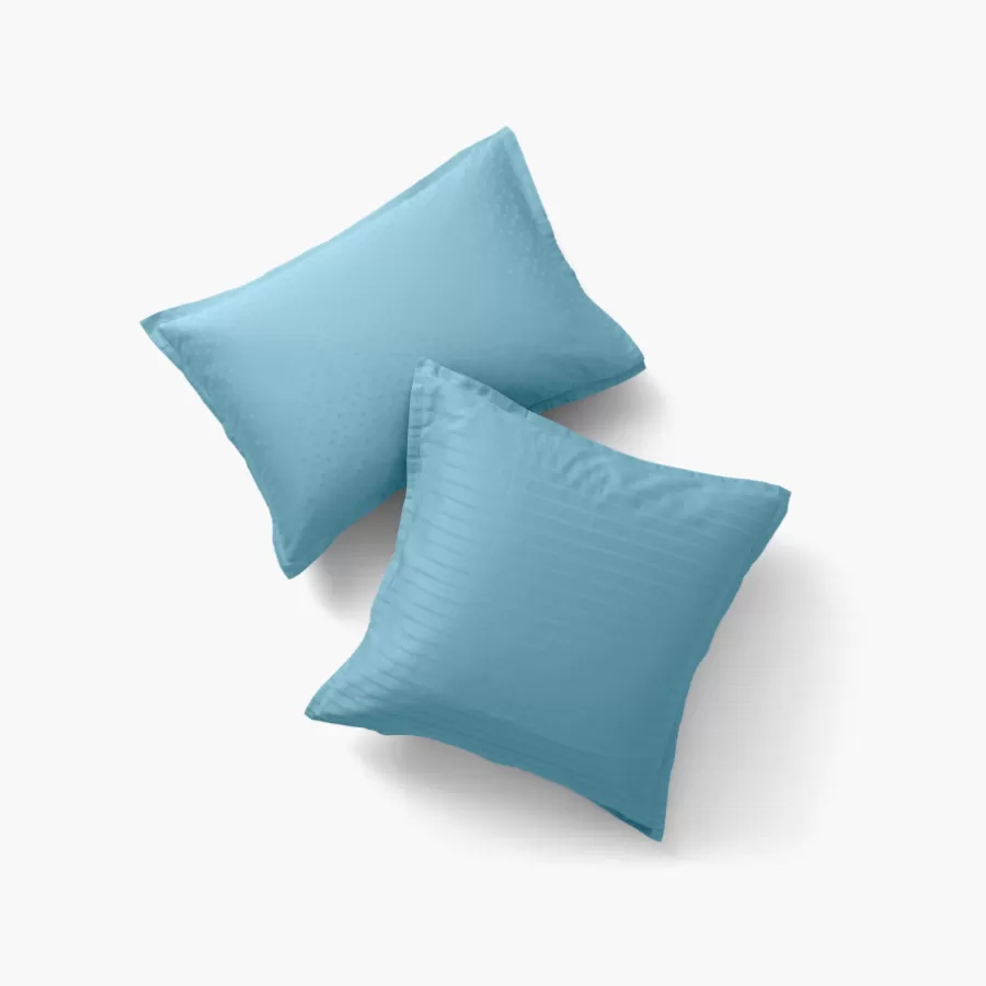 Carré Blanc Taies D’oreiller | Taie d'oreiller carrée satin de coton jacquard pois et rayures Prestige glacier